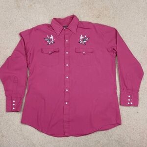 High Noon Western Pearl Snap Embroidered Maroon Shirt Mens Large Feathers Cowboy